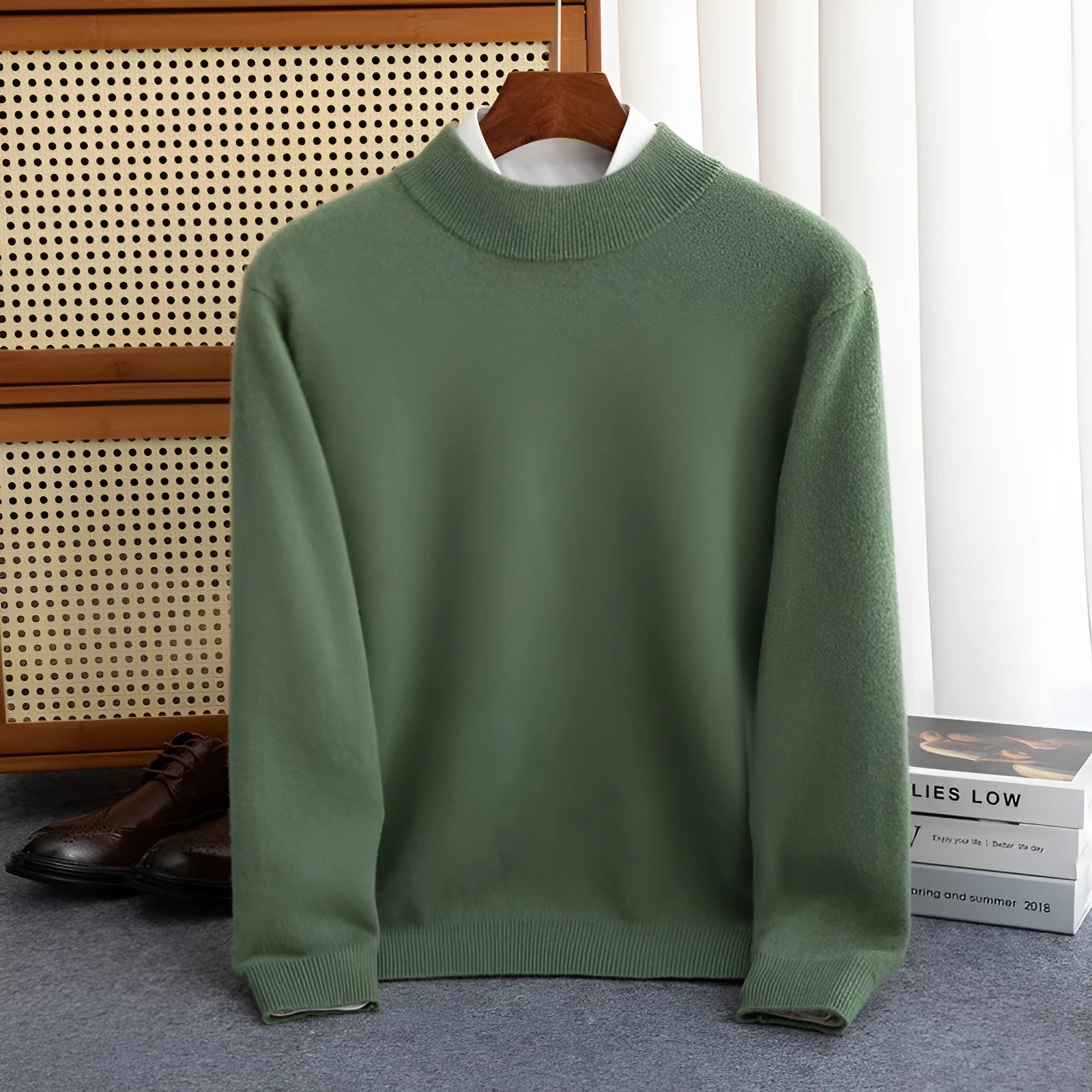 Men's half-collar wool sweater in loose fit showing colour options including black, brown and camel