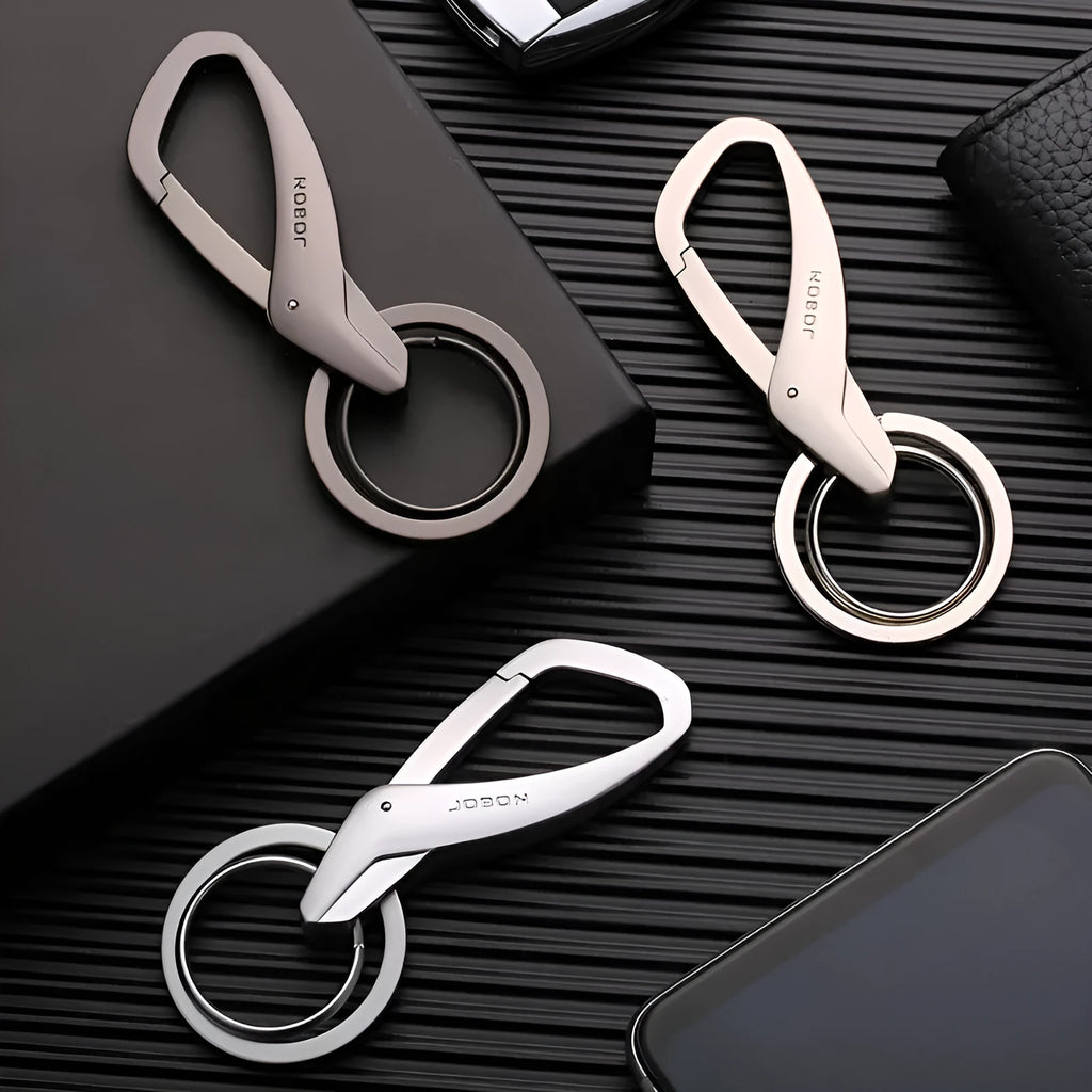 Zinc alloy car key waist hanging double ring keychain in black, chrome, and nickel colours