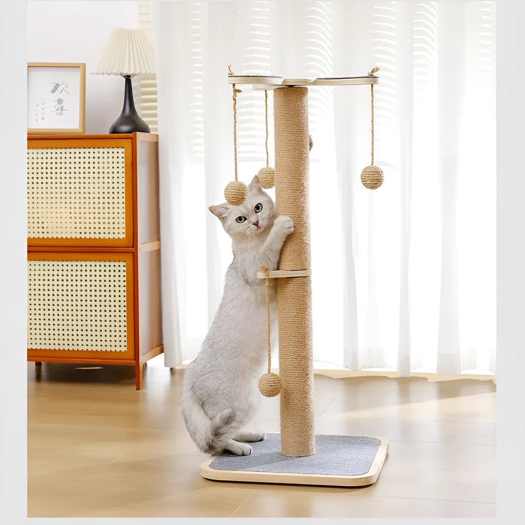 Windmill design cat climbing frame with hanging ball and carpet leather scratching surfaces