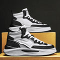 Men's black and white platform high-top board shoes with PU upper and round toe design