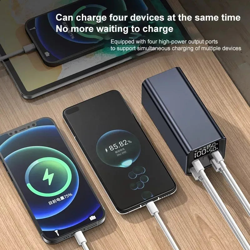 65W laptop power bank with metal casing in black, blue, or grey colours showing compact dimensions