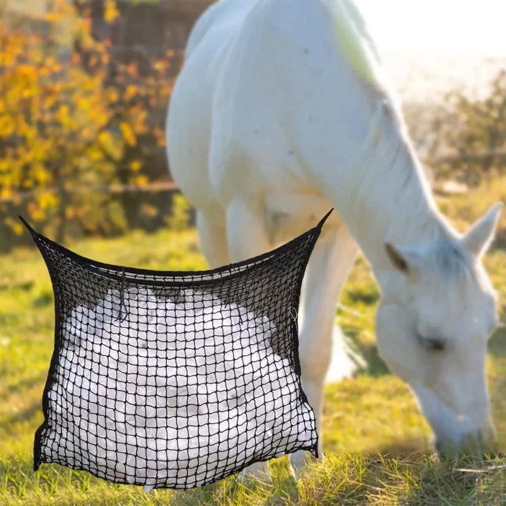 Woven polyethylene rope grid horse feeding bag hanging with black colour option