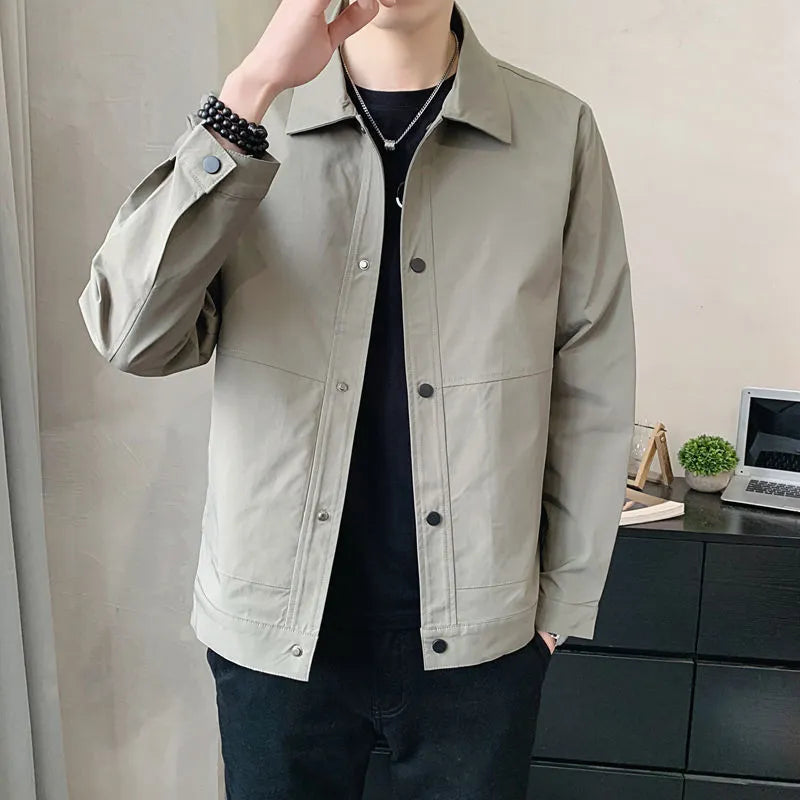 Korean style men's single layer polyester jacket for spring and autumn in grey tones.