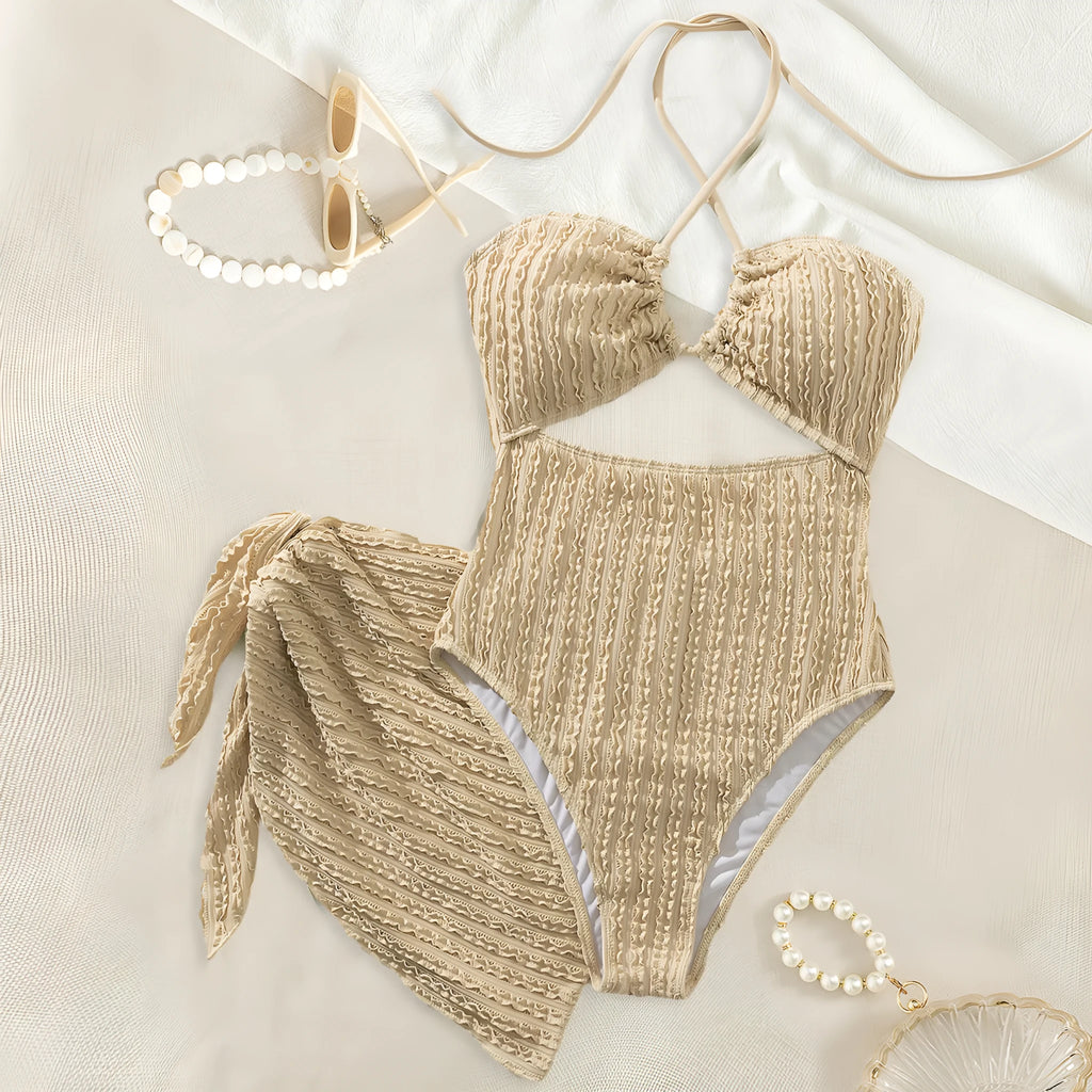 Solid khaki one-piece swimsuit with hollow-out cutout detail, polyester fibre, women's beachwear