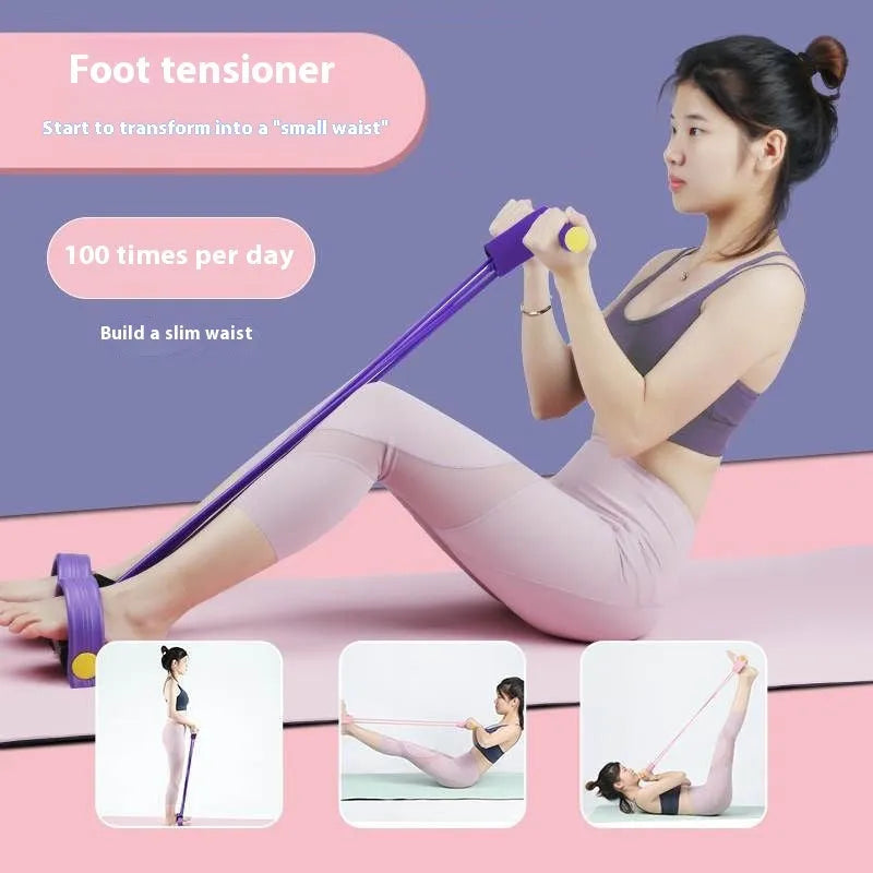 Yoga four piece fitness set showing leg beauty device, yoga ring, pedal tension device and eight character tension rope