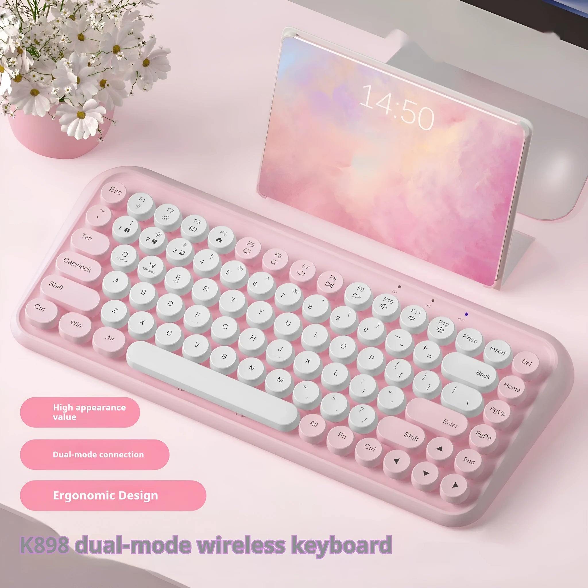 Pink portable Bluetooth keyboard with 84 keys and compact rectangular design