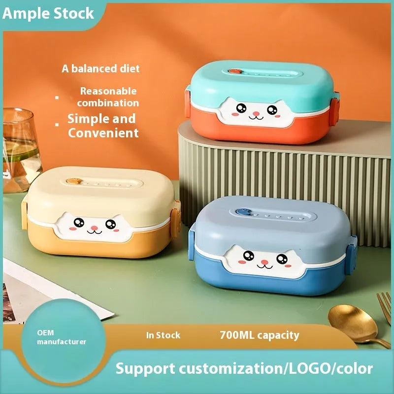 Square plastic divided lunch box with microwave-safe construction in dark blue, orange yellow or pink and green colours