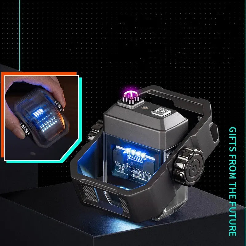 Blue windproof electric plasma lighter with a spinning metal gyroscope, shown folded and unfolded.