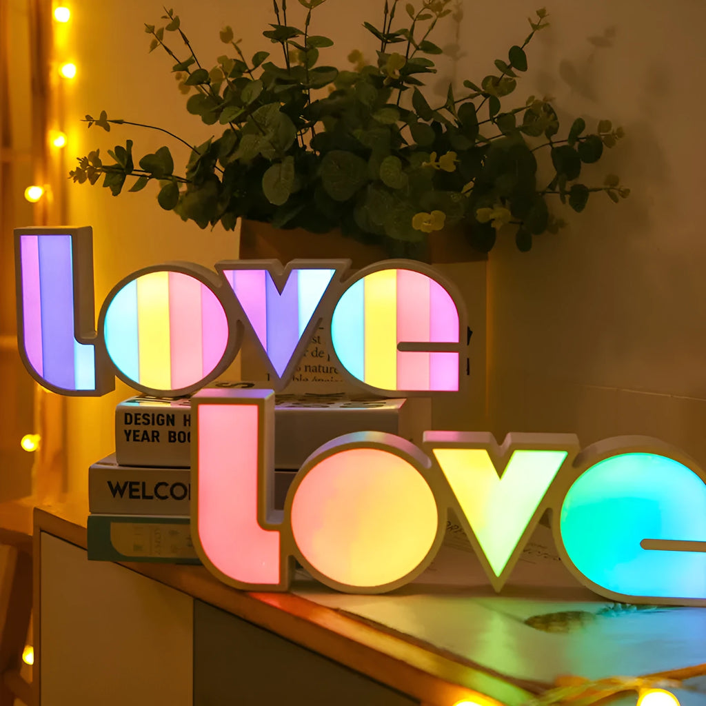 Rainbow-style LED LOVE decorative lamp with plastic shade for Valentine's Day and wedding decor