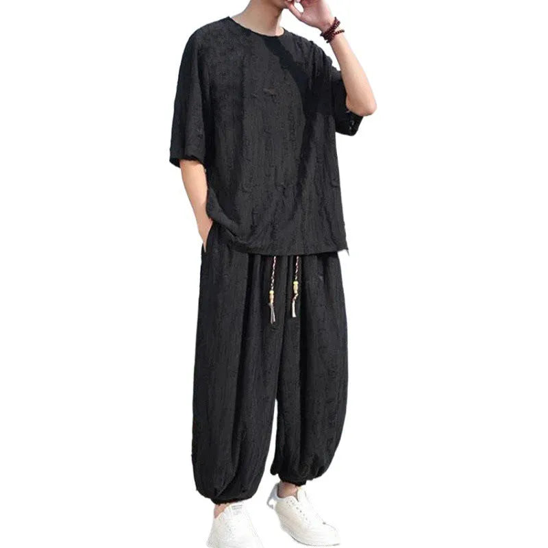 Men's thin short-sleeved knitwear two-piece suit in black with cropped trousers, loose fit