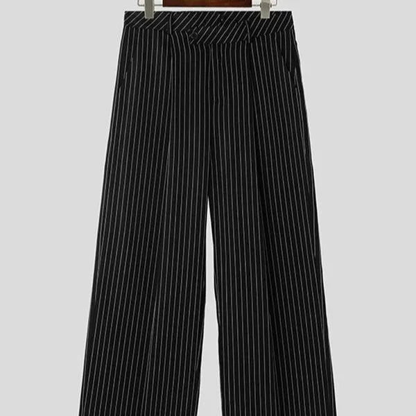 Black men's casual trousers with vertical stripes, front pleats, and an elasticated waistband.