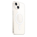 Transparent magnetic back cover case for iPhone on a table, showing MagSafe compatibility.