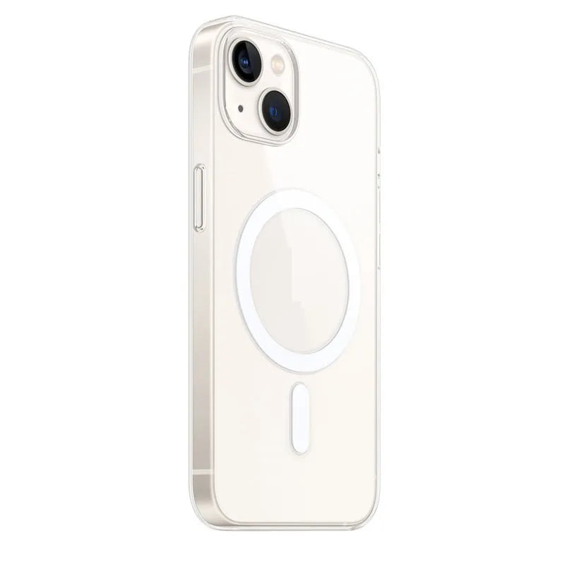 Transparent magnetic back cover case for iPhone on a table, showing MagSafe compatibility.