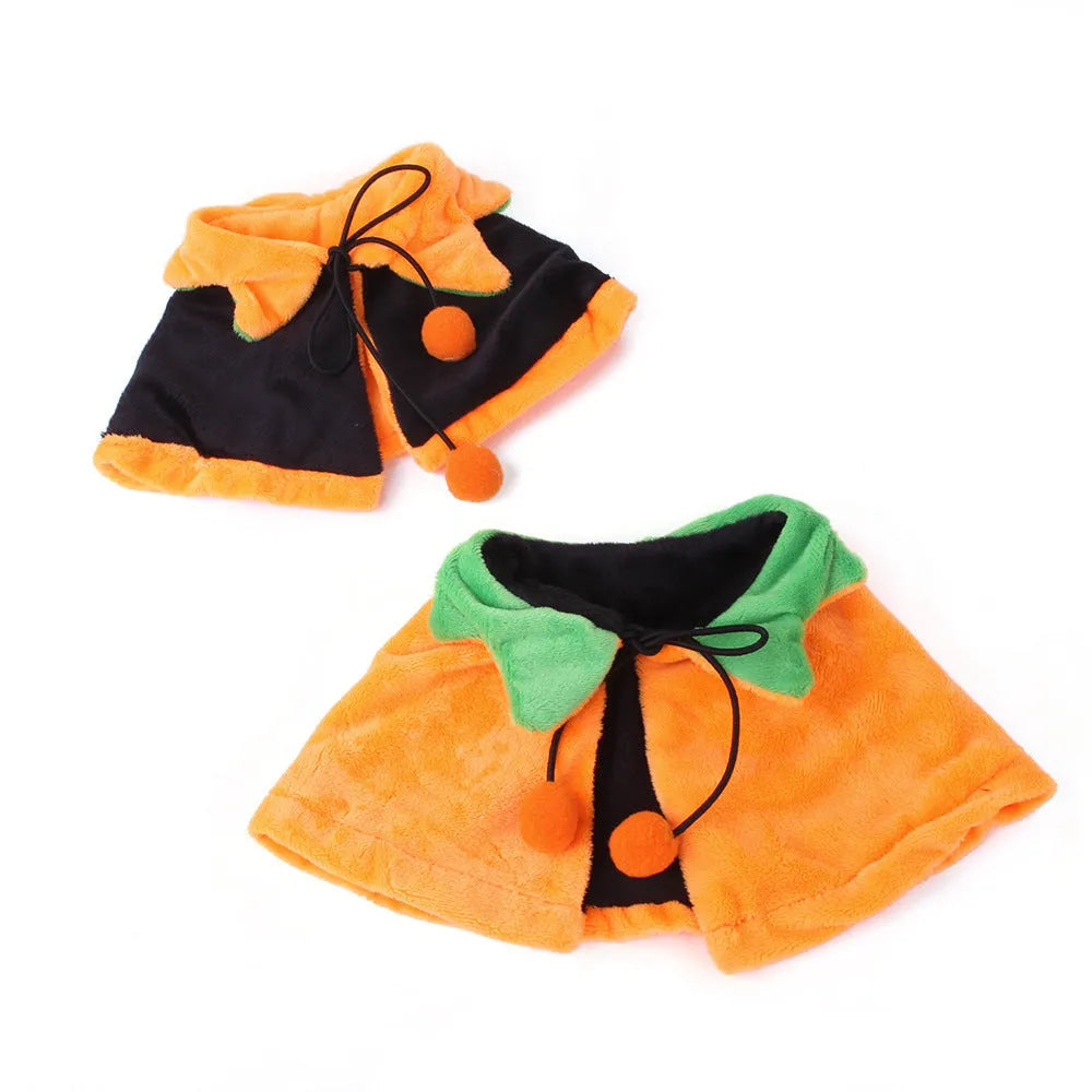 Plush double-sided pet Halloween cloak for dogs and cats in pumpkin-themed colours