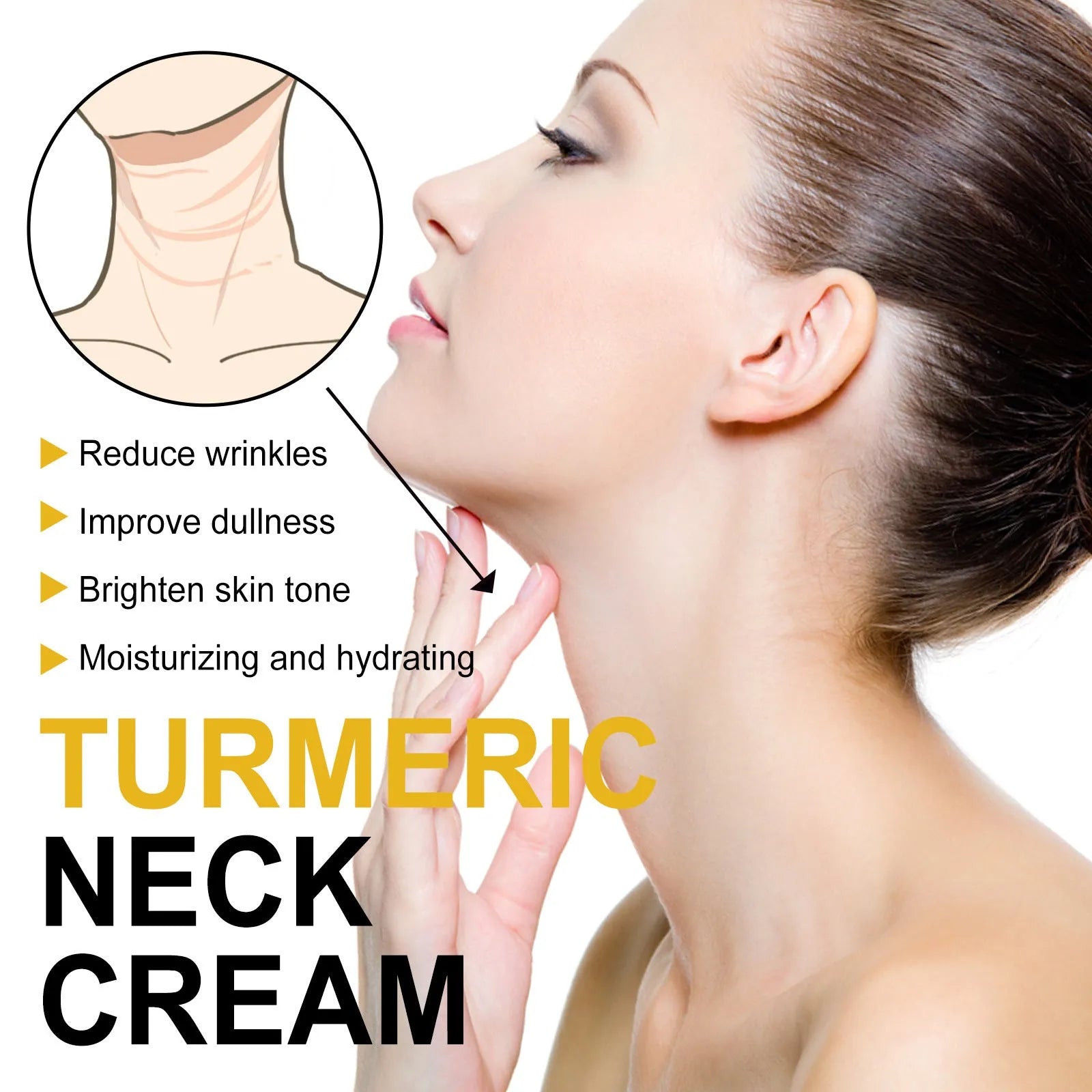 Turmeric neck cream 30g in a compact white container with green lid, hyaluronic acid and retinol formula