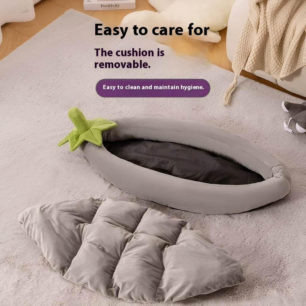 Removable washable dog bed mat in purple, orange, brown, and grey colours on a white background.