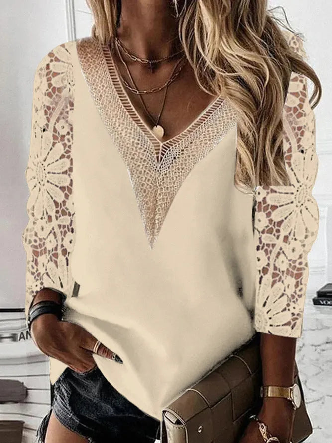 Women's v-neck nine-quarter sleeve chiffon shirt with lace splicing in gray, slim fit