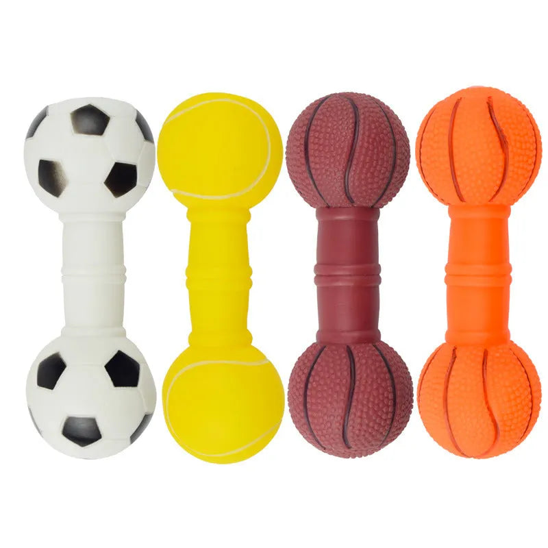 Brown, orange, white, and yellow football dumbbell shaped dog chew toy with squeaker