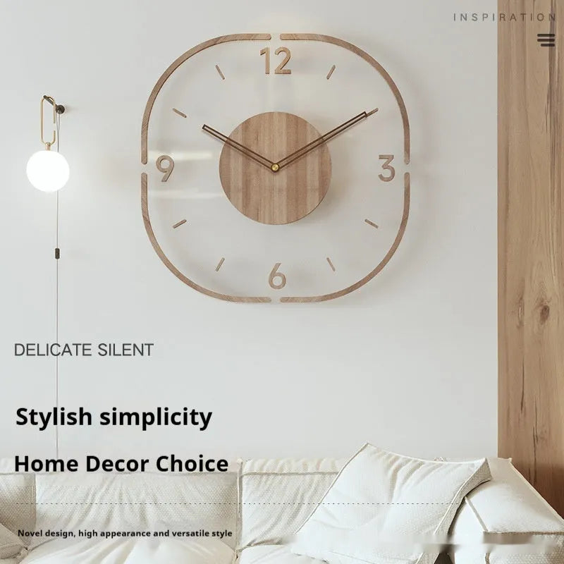 Modern transparent wooden frame wall clock showing 35cm square design with wooden shell