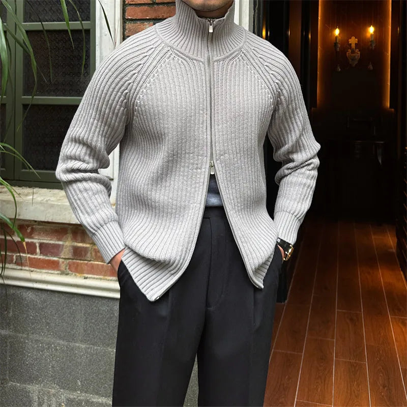 Men's stand-up collar cardigan retro slim fit cotton blend in grey, side view