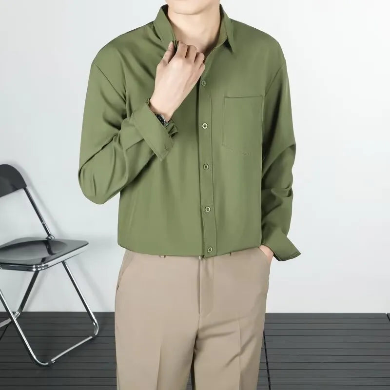 Korean-style linen long-sleeved shirt for men in loose fit, available in six solid colours including black and white