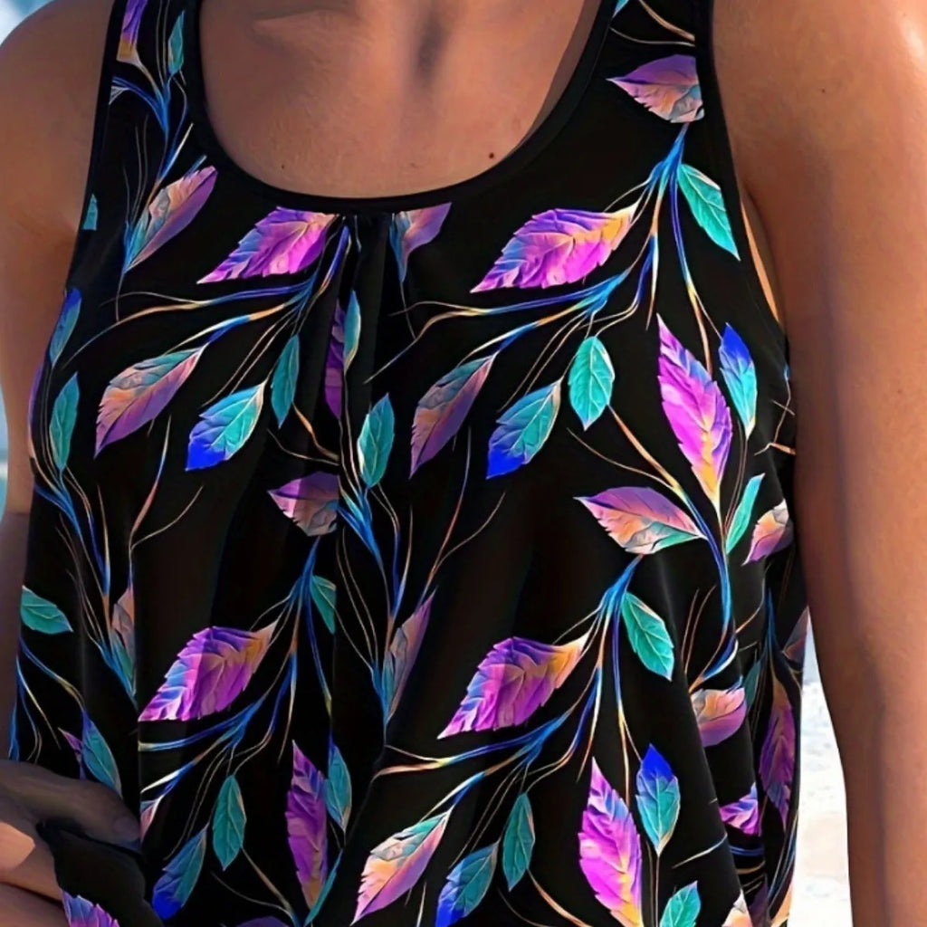 Women's two-piece swimsuit set with leaf split design in pure colour