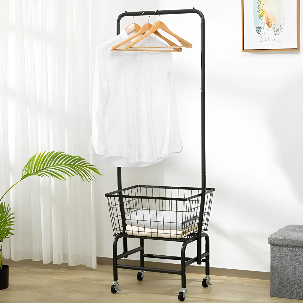 Single rod pulley storage car in iron with black or white finish for hanging clothes.
