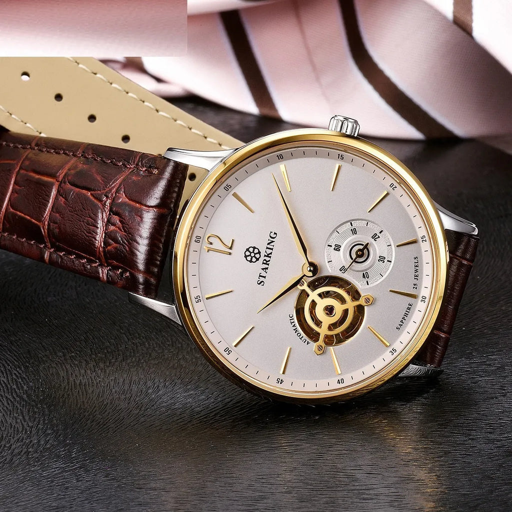 Men's automatic mechanical business watch with leather strap and stainless steel case