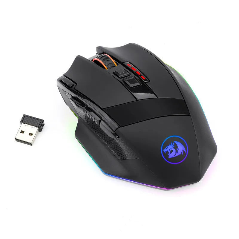 Redragon M801P black dual-mode gaming mouse showing nine buttons and ergonomic shape