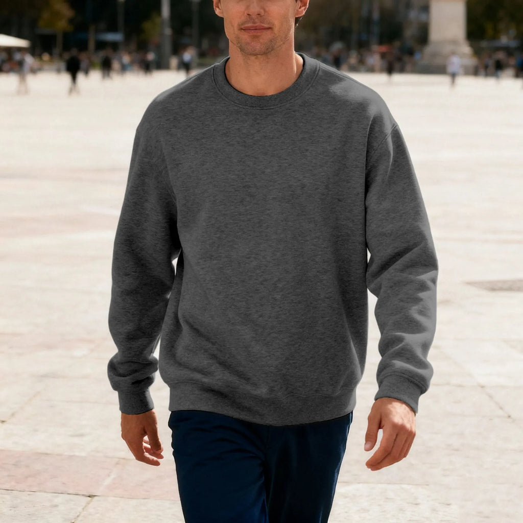 Men's loose oversized casual top in solid colour, long sleeve, round neck, polyester fabric, autumn wear