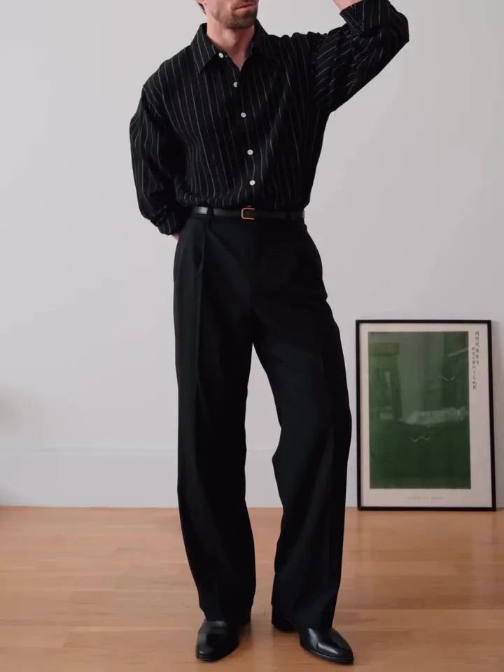 Black pinstriped button-down business shirt with regular fit and polyester construction