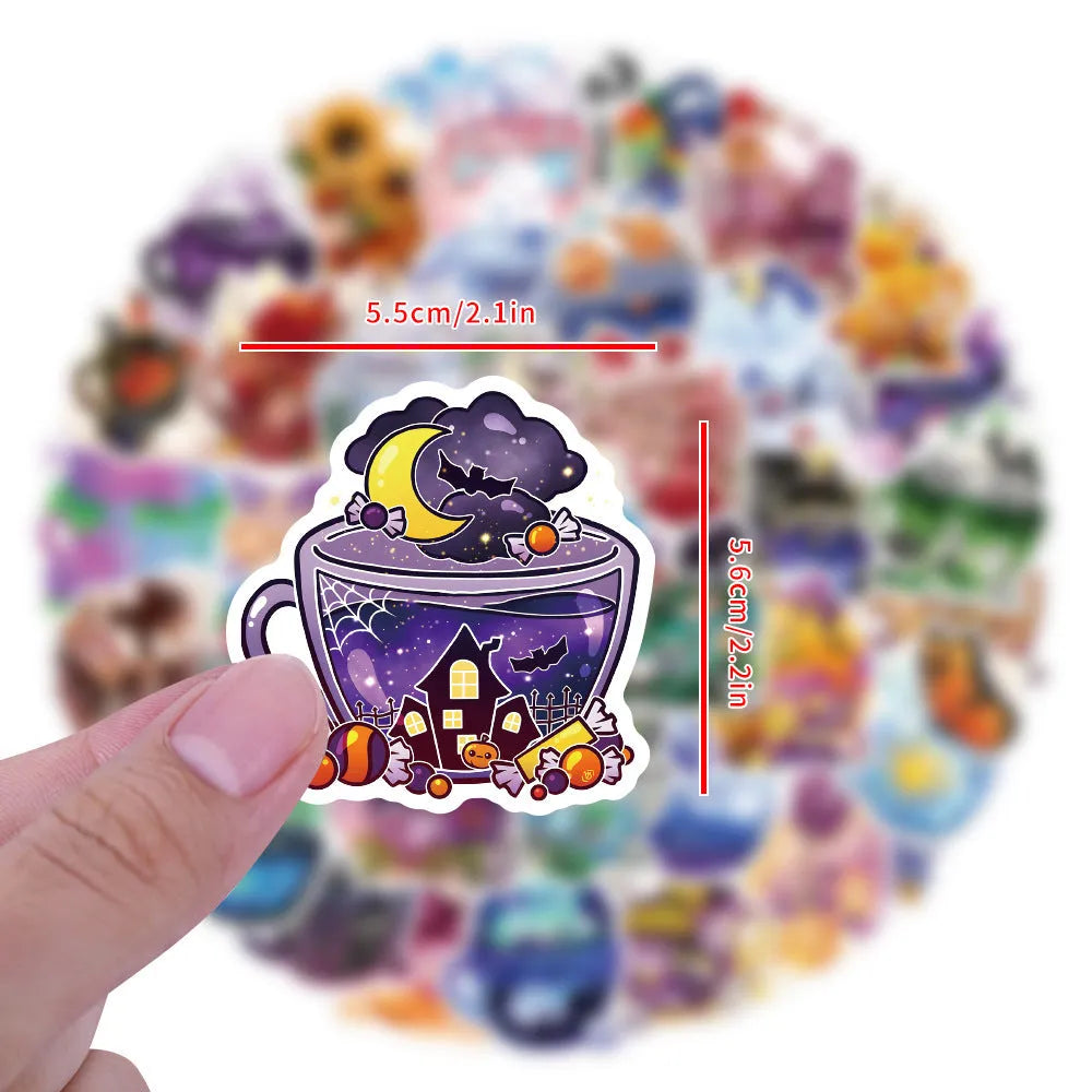 Pack of colourful tea cup graffiti design waterproof stickers for DIY scooter and luggage personalisation.