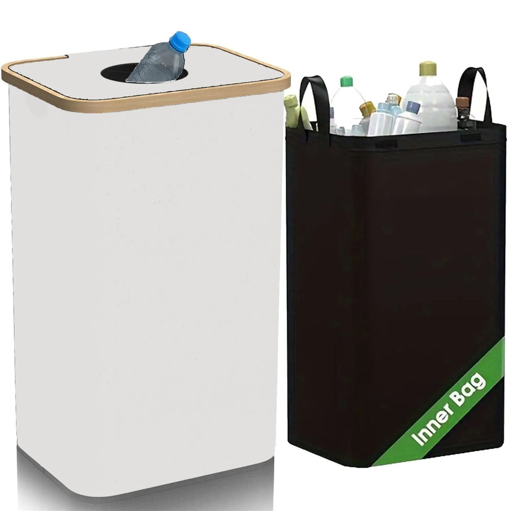 Black bamboo recycling basket with lid, removable bottle container, and double inner pockets for household storage