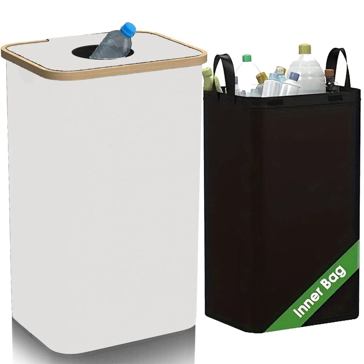 Black bamboo recycling basket with lid, removable bottle container, and double inner pockets for household storage