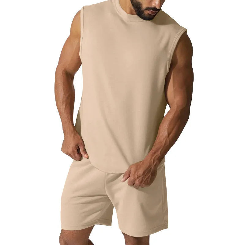 Men's sleeveless cotton blend sports top and shorts set in solid colour