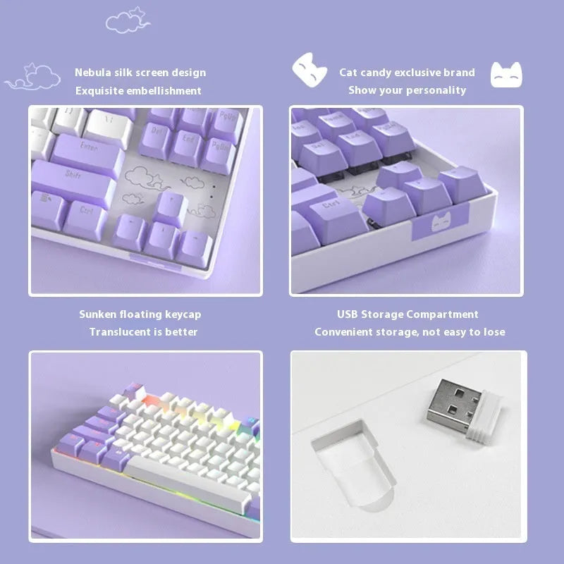Wireless Bluetooth mechanical keyboard with metal construction in purple-white colour scheme