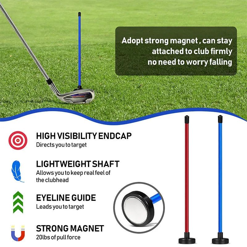 Red and blue aluminium alloy golf swing alignment trainer on a practice mat.