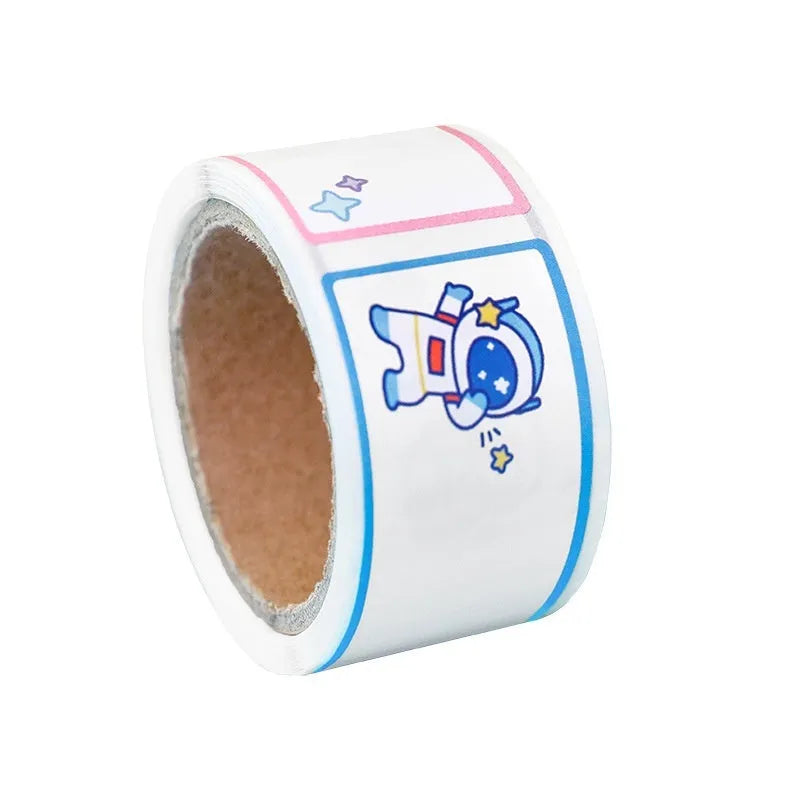 Roll of colourful cartoon name tape stickers with dinosaur, astronaut, rabbit, and girl designs.