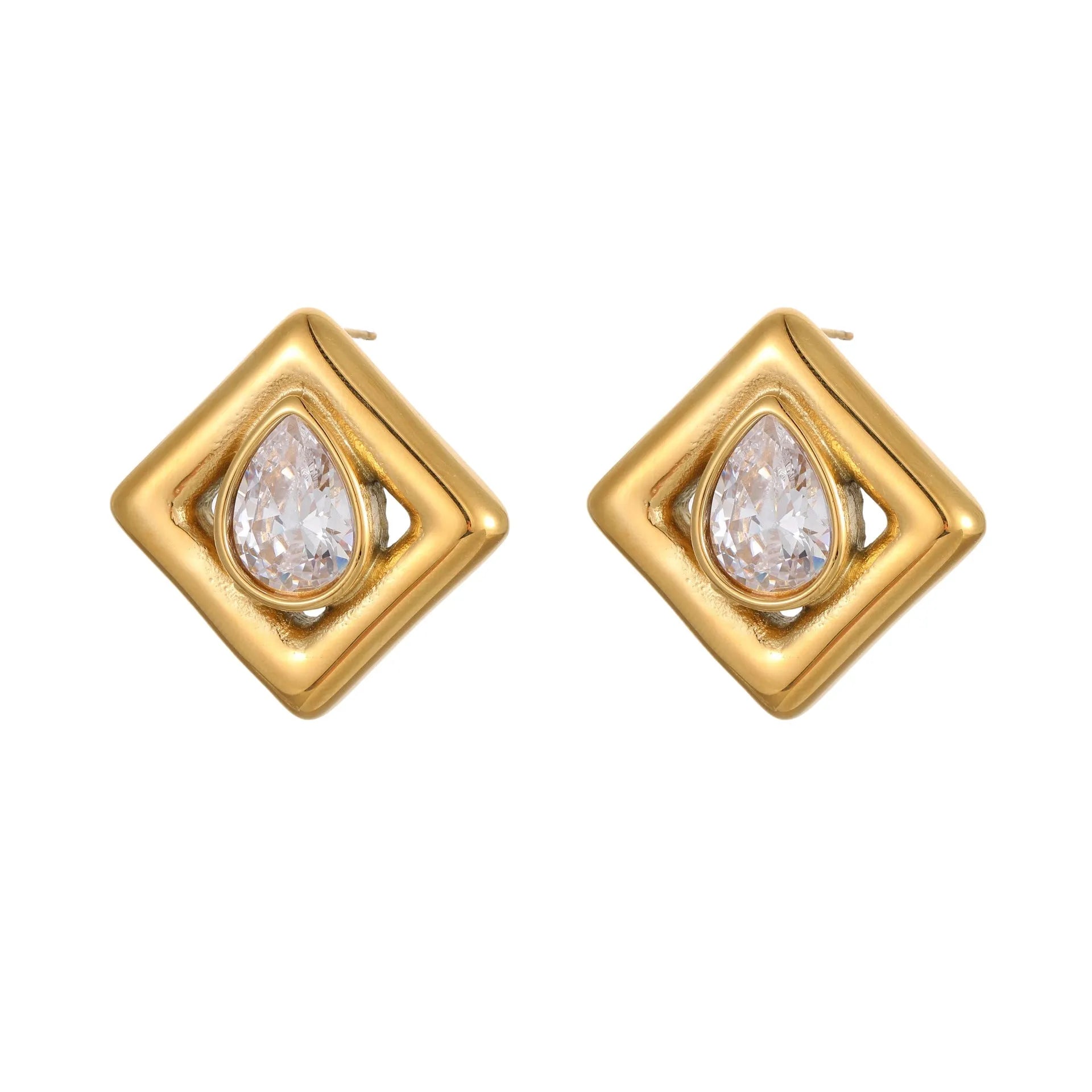 Geometric gold stud earrings with water drop zircon stones on stainless steel