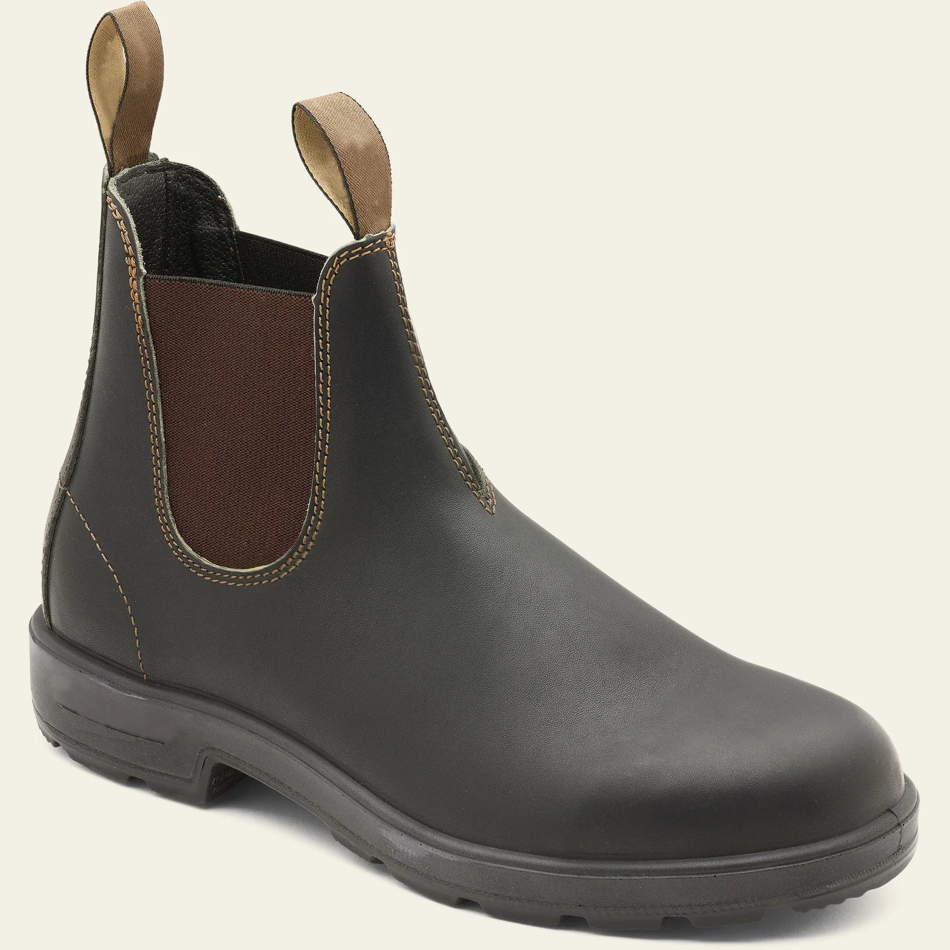 Vintage brown Chelsea boots with frosted PU upper and beef tendon sole on a neutral background
