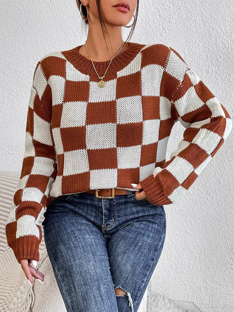 Dark brown chessboard plaid acrylic pullover sweater with round neck and long sleeves