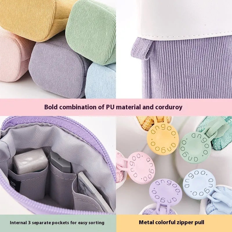 PU corduroy stationery case with drop-down telescopic opening in Korean style design