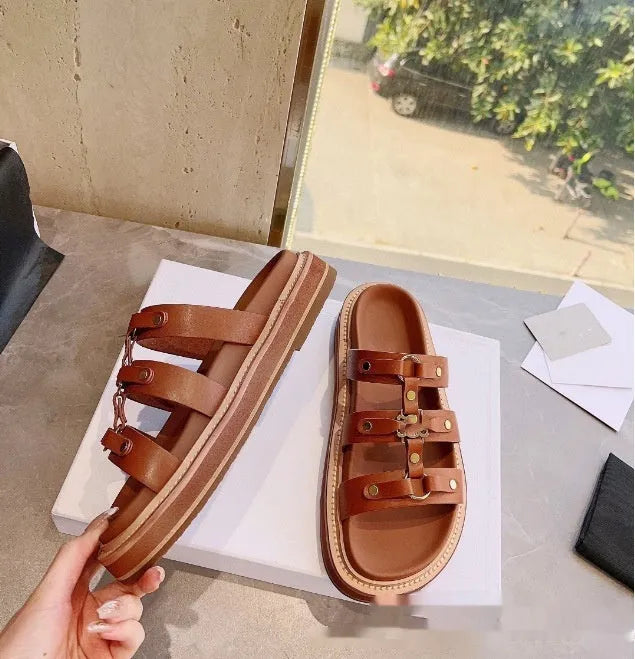 Women's Roman sandal slippers in patent leather sheepskin, shown in black, brown, and white.