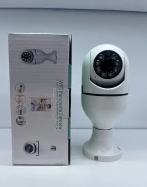 Wireless bulb security camera with plastic and metal housing measuring 5cm by 12cm