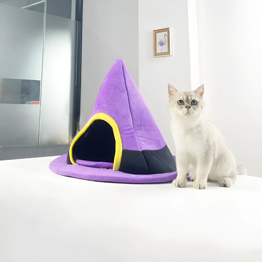 Purple Halloween witch hat-shaped fabric cat bed on a white background.