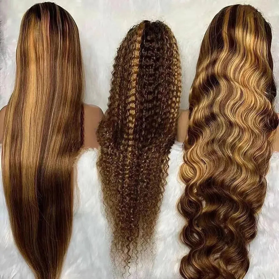 Front lace wig with African black gradient colour in big wave style, showing side bangs and sheath inclusion