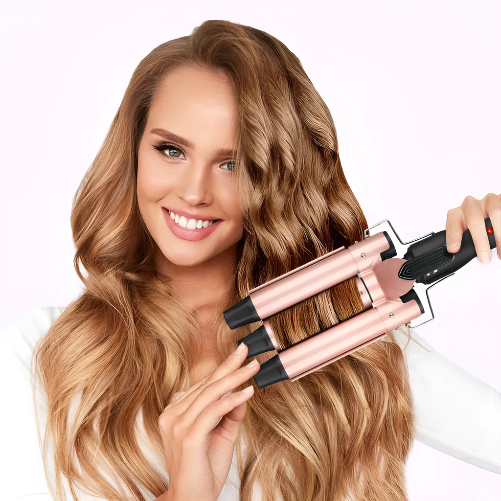 Three-tube water wave hair curler set with wired power connection for home styling
