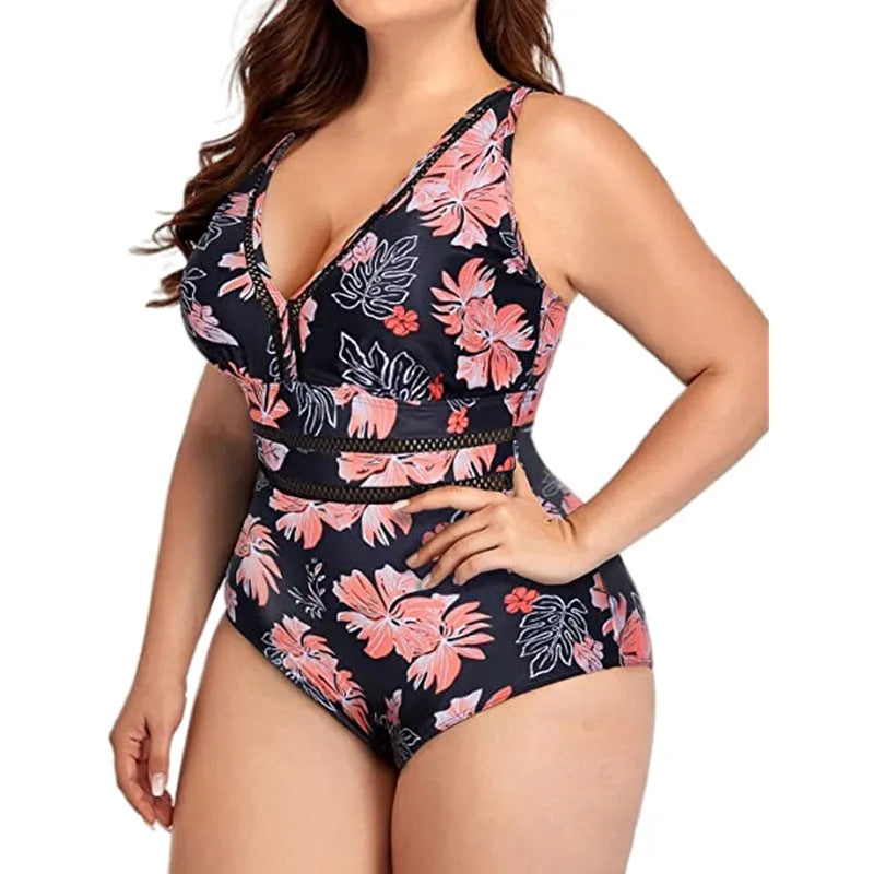 Women's plus size black printed siamese mesh bikini swimsuit sleeveless polyester swimming costume