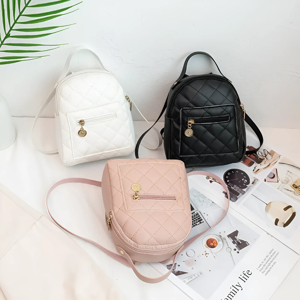 Girls' Korean style embroidered backpack in hard PU measuring 16x7x19cm in black, white or pink