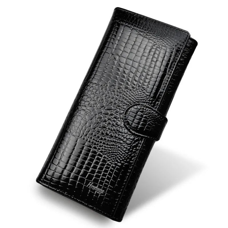 Women's red crocodile pattern leather coin purse with patent finish and pigskin lining interior